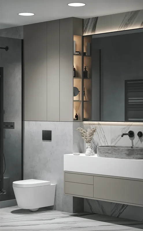 Interior visualisation of an Alta Vista apartment: bathroom with walk-in shower