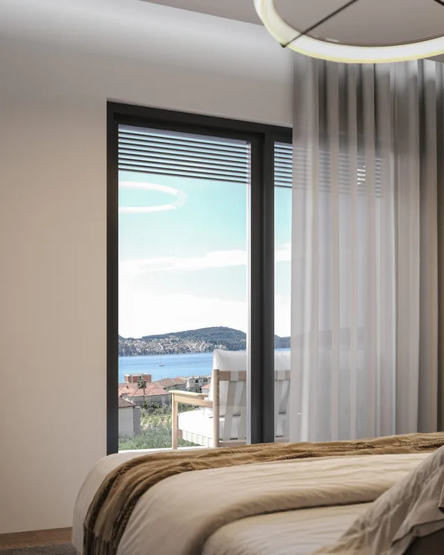 Interior visualisation of an Alta Vista apartment: bedroom with sea view