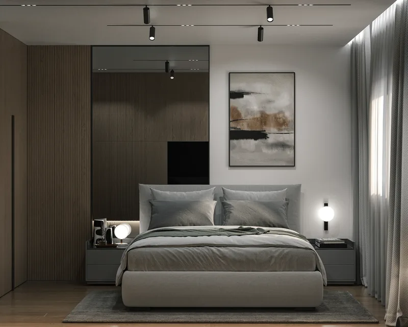 Interior visualisation of an Alta Vista apartment: bedroom with wood-panelled wall