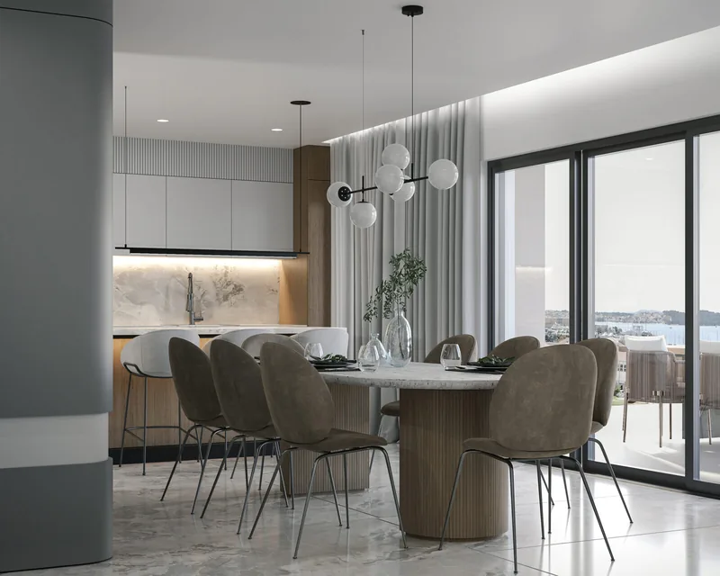 Interior visualisation of an Alta Vista apartment: kitchen and dining area with terrace access