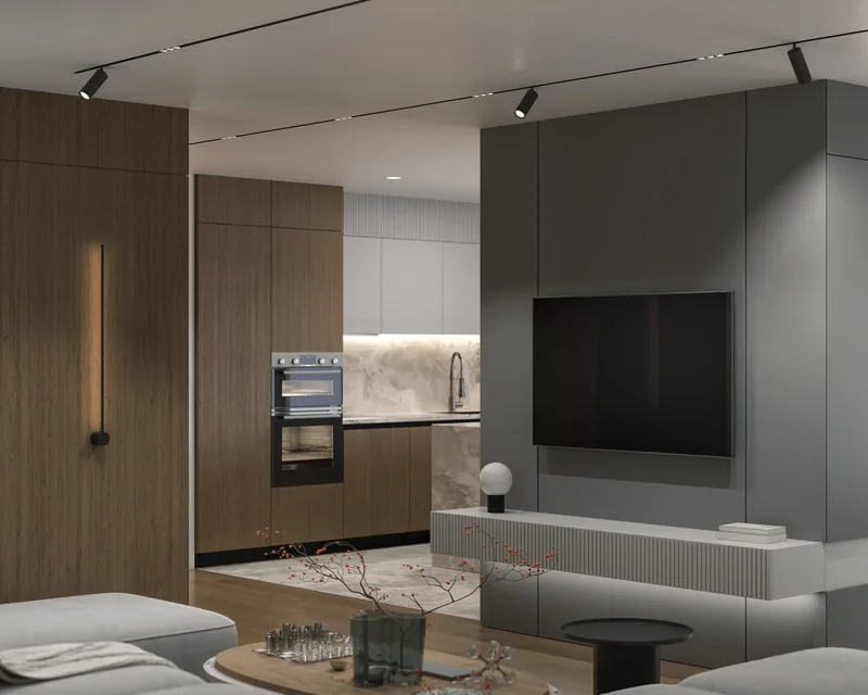 Interior visualisation of an Alta Vista apartment: open-plan living and kitchen area