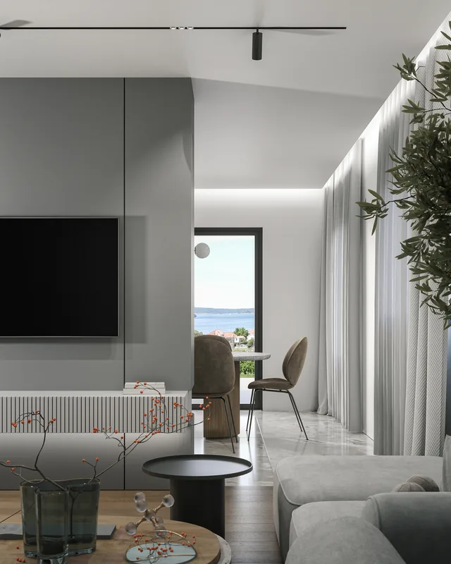 Interior visualisation of an Alta Vista apartment: living area with sea view