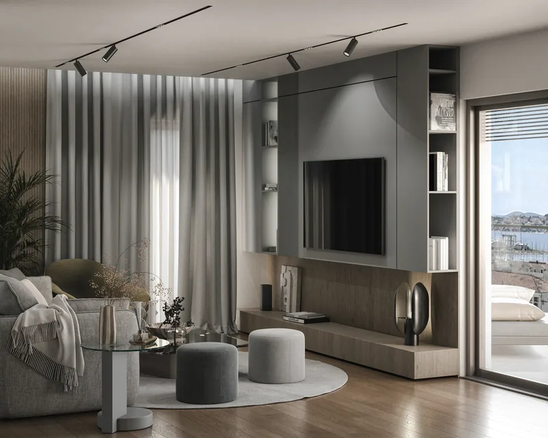 Interior visualisation of an Alta Vista apartment: living area with media wall and sea view